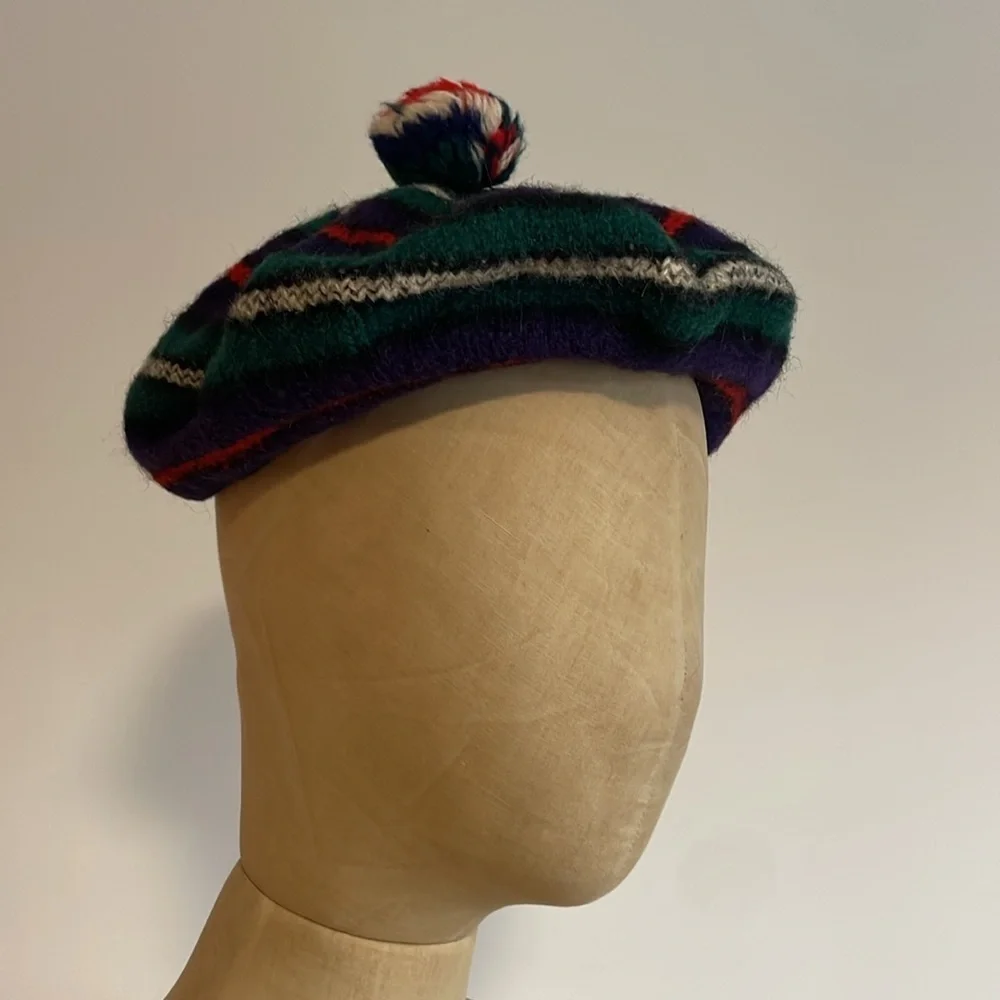 VTG Striped Knit Tam Beret Green Wool Pom Scotland MacKenzie Hat Cap Stripe Navy